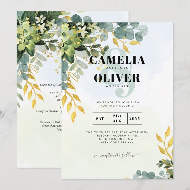 All-in-1 Greenery Gold Eucalyptus Leaves Wedding Invitation (Front/Back)