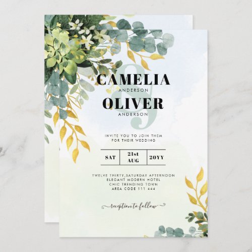 All_in_1 Greenery Gold Eucalyptus Leaves Wedding Invitation