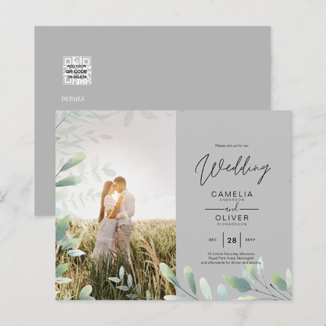 All-in-1 Greenery Leaves Photo Overlay Wedding QR (Front/Back)