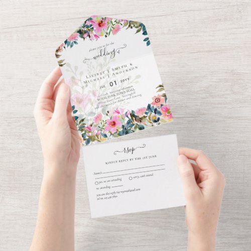 All in 1 Love in Bloom Spring Flowers Wedding RSVP All In One Invitation