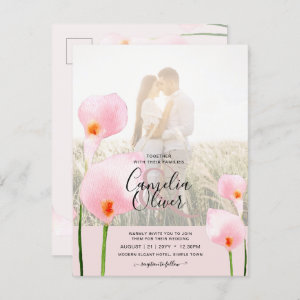 All-in-1 Pink Calla Lily PHOTO Overlay Wedding Inv Postcard