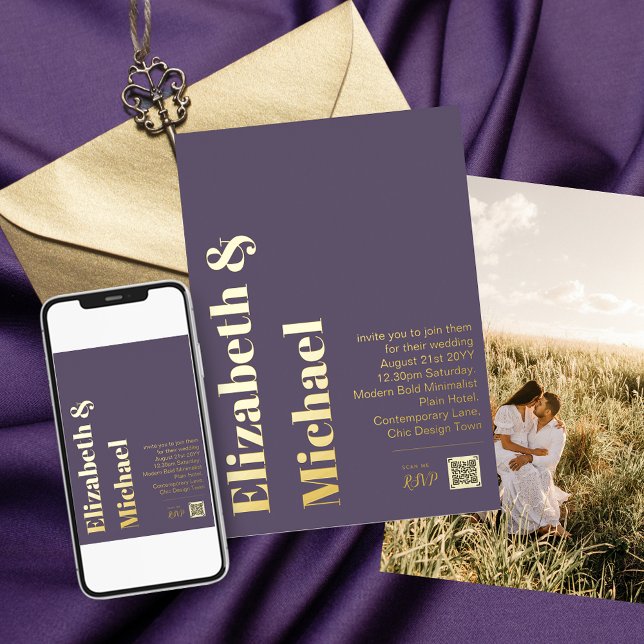 All-in-1 REAL GOLD FOIL Mauve Photo QR Code Modern Foil Invitation (Creator Uploaded)