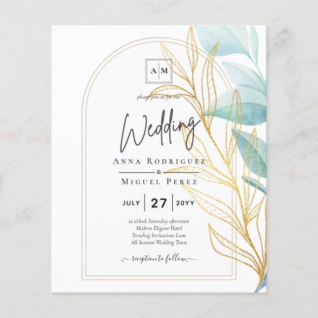 All-in-1 Sea Glass Aqua Green Gold Leaves Wedding  Flyer (Front)