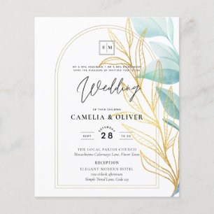 All-in-1 Sea Glass Aqua Green Gold Leaves Wedding Flyer