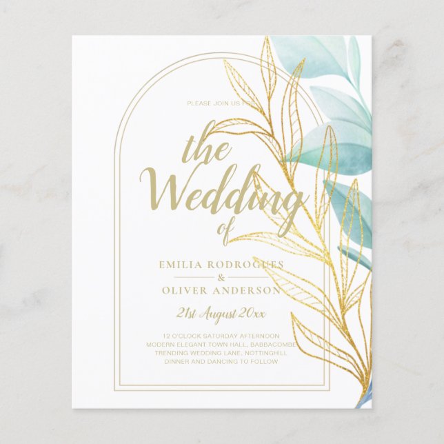 All-in-1 Sea Glass Aqua Green Gold Leaves Wedding  Flyer (Front)