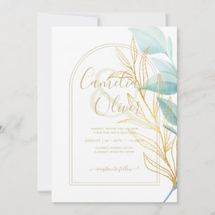 All-in-1 Sea Glass Aqua Green Gold Leaves Wedding  Invitation