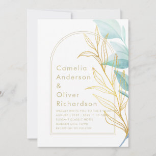 All-in-1 Sea Glass Aqua Green Gold Leaves Wedding Invitation