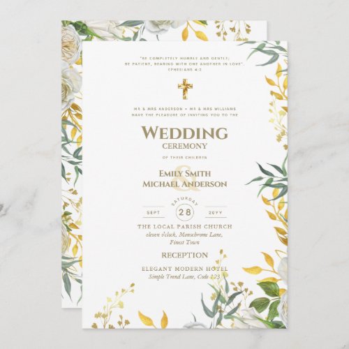All_in_1 White Gold Greenery Catholic Wedding Invitation
