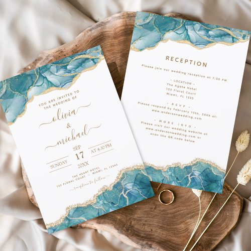 All in One Agate Turquoise Teal Gold Wedding Invitation