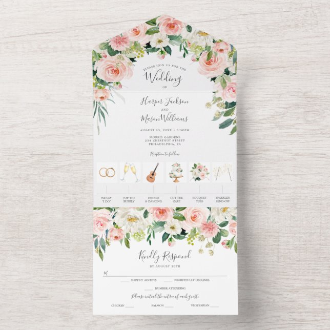 All in One Airy Blush Gold Timeline Wedding Invite (Inside)