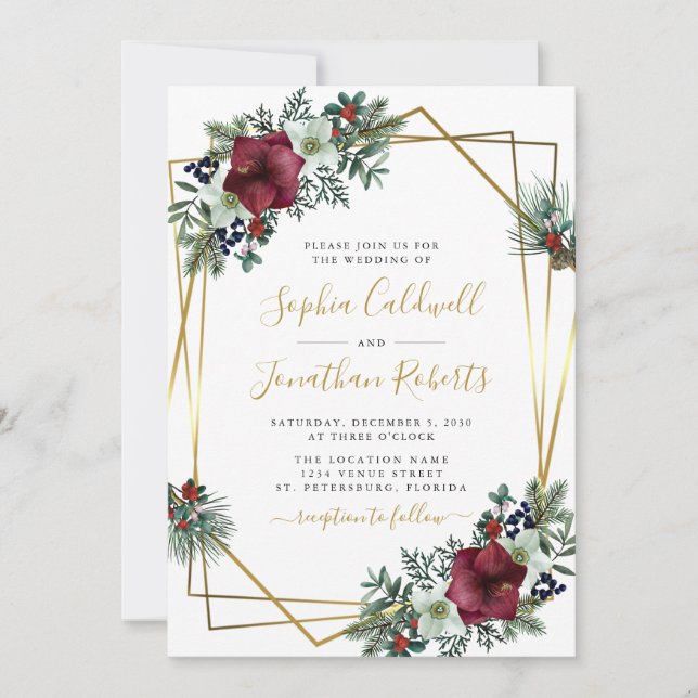 All in One Amaryllis Pine Gold Winter Wedding Invitation (Front)