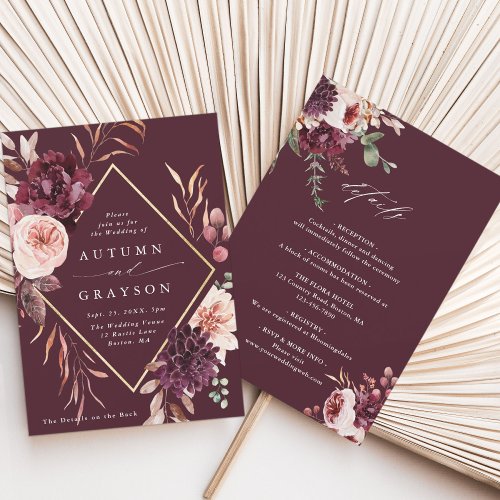 All In One Autumn Romance Burgundy Wedding Invitation