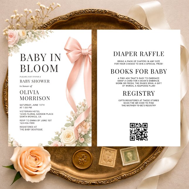 All in One Baby In Bloom Pink Bow Baby Shower Invitation (Creator Uploaded)