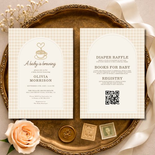 Baby Is Brewing Neutral Gingham or plaid baby shower invitation