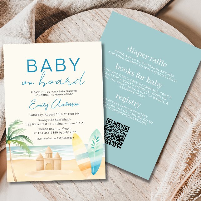 All in One Baby on Board Surfboard Beach Shower Invitation (Creator Uploaded)