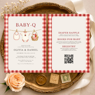 All in One Baby Q Clothesline Gingham Baby Shower Invitation
