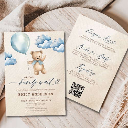 We Can Bearly Wait Blue baby shower invitation