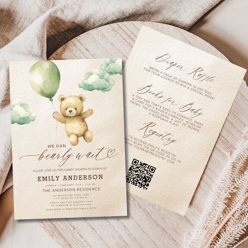 We Can Bearly Wait Green baby shower invitation