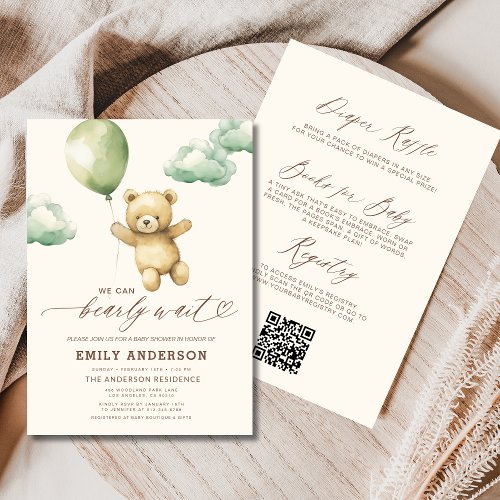 We Can Bearly Wait Green baby shower invitation