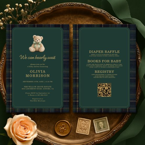 All in One Bearly Wait Green Plaid Baby Shower Invitation