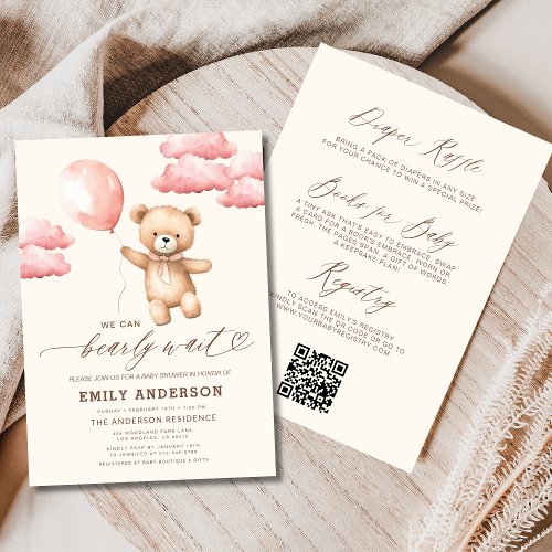 We Can Bearly Wait Pink baby shower invitation