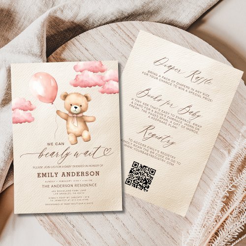 We Can Bearly Wait Pink baby shower invitation