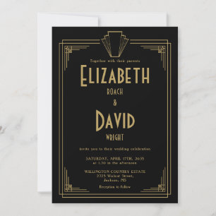 All In One Black And Gold 1920s Art Deco Wedding Invitation