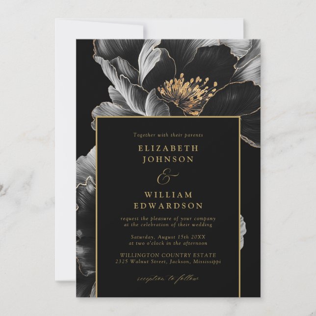All In One Black And Gold Elegant Floral Wedding Invitation (Front)