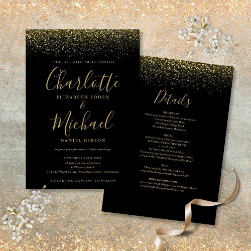 All In One Black And Gold Glitter Script Wedding Invitation