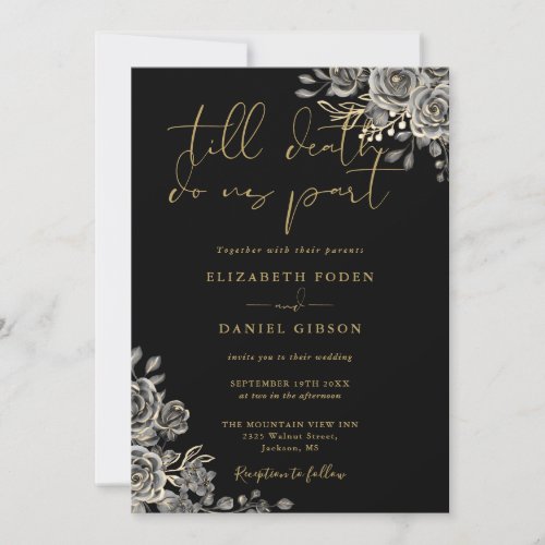 All In One Black And Gold Gothic Floral Wedding Invitation