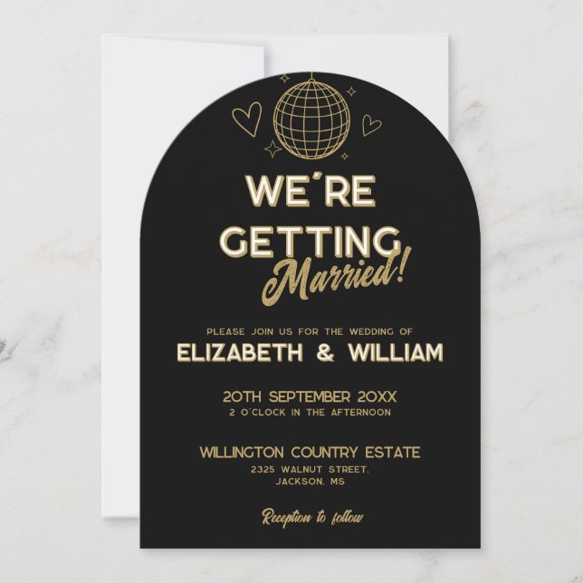 All In One Black And Gold Groovy Disco Wedding Invitation (Front)