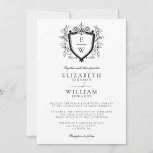 All In One Black And White Crest Monogram Wedding Invitation