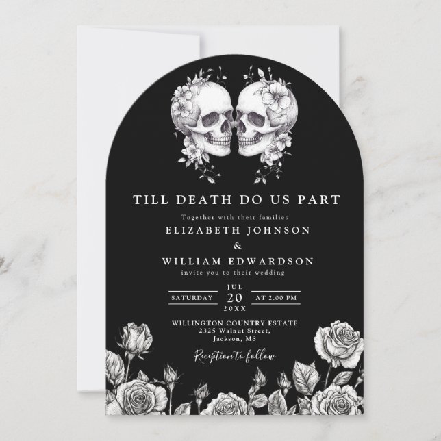All In One Black And White Gothic Skulls Wedding Invitation (Front)