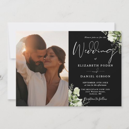 All In One Black And White Greenery Photo Wedding Invitation