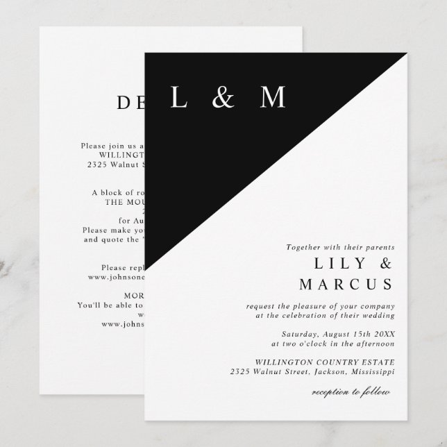 All In One Black And White Minimalist Wedding Invitation (Front/Back)
