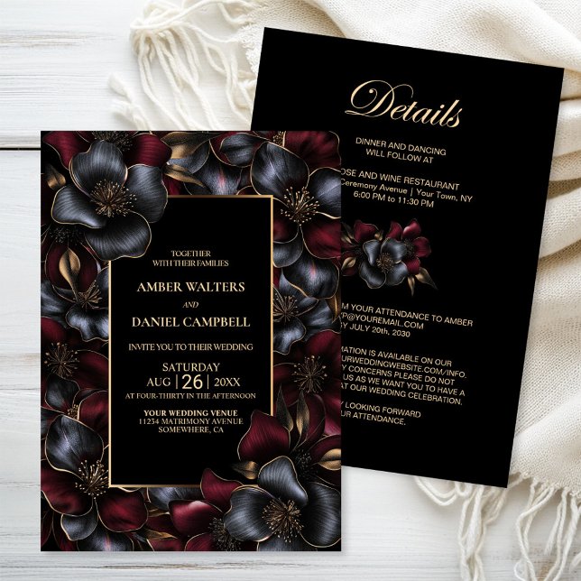 All in One Black Burgundy Grey Floral Wedding Invitation (Creator Uploaded)