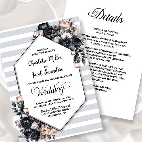 All In One Black Floral Geometric Striped Wedding Invitation