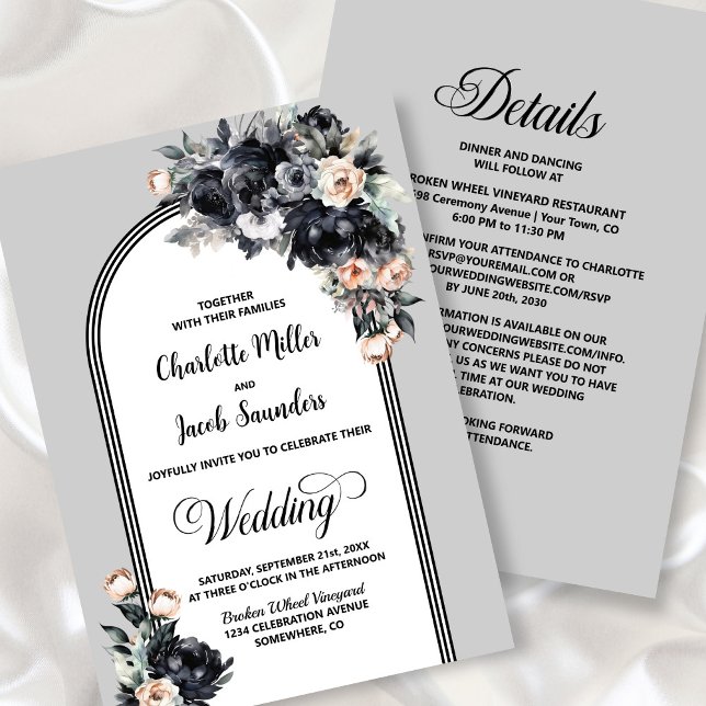 All In One Black Floral Grey Arch Wedding Invitation (Creator Uploaded)