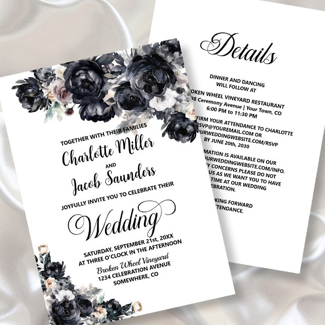 All In One Black Floral Wedding Invitation (Creator Uploaded)