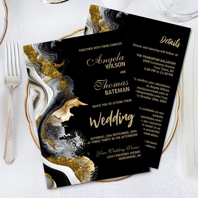 All In One Black Gold Agate Marble Wedding Invitation (Creator Uploaded)