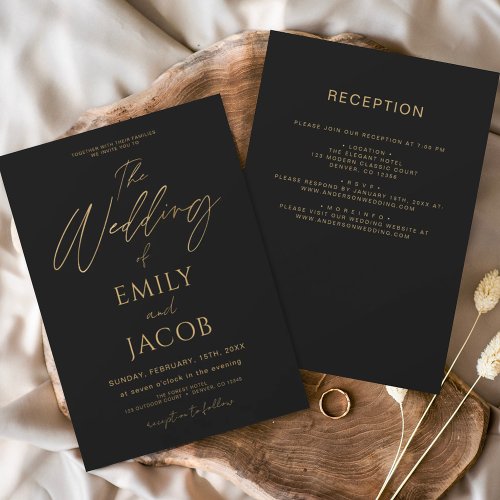 All in One Black Gold Wedding Elegant Script Invitation