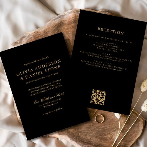 All in One Black Gold Wedding QR Code Classic Invitation