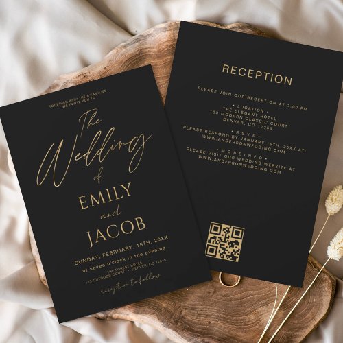 All in One Black Gold Wedding QR Code Script Invitation