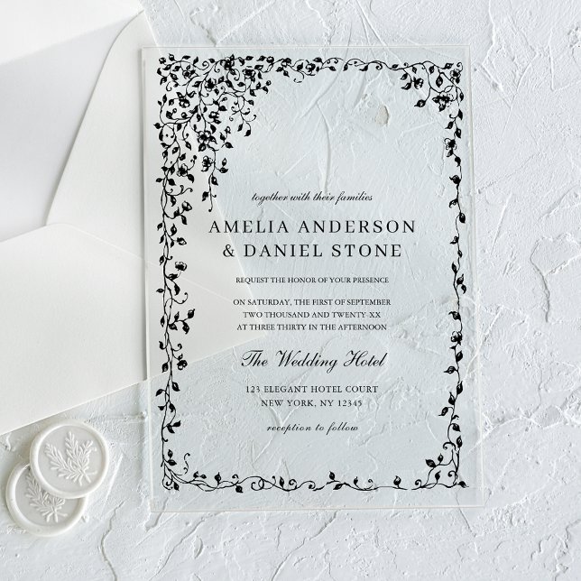 All in One Black Minimal Leaf Wedding  Acrylic Invitations (Creator Uploaded)