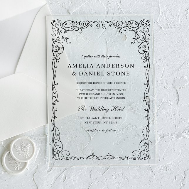 All in One Black Minimal Leaf Wedding  Acrylic Invitations (Creator Uploaded)