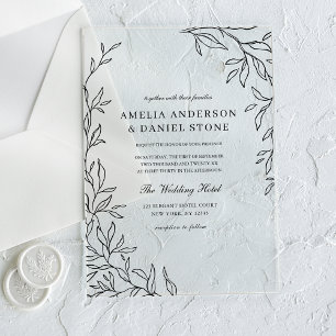 All in One Black Minimal Leaf Wedding  Acrylic Invitations