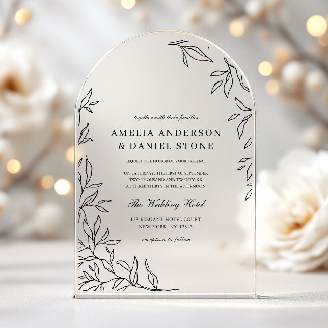 All in One Black Minimal Leaf Wedding  Acrylic Invitations (Creator Uploaded)