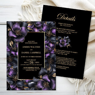 All in One Black Purple Grey Floral Wedding Invitation