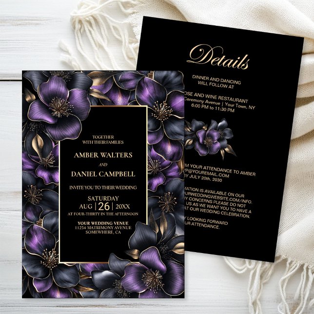 All in One Black Purple Grey Floral Wedding Invitation (Creator Uploaded)