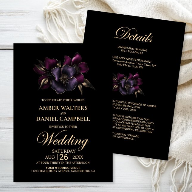 All in One Black Purple Pink Floral Wedding Invitation (Creator Uploaded)